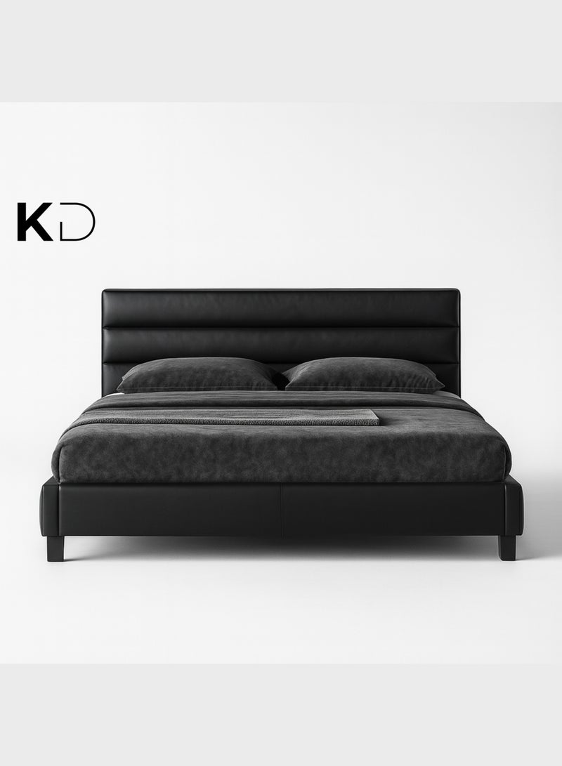 كستم ديكو إطار سرير أوستن الحديث من كوستوم ديكو، مُنجّد بجلد صناعي، مع لوح رأسي أفقي مبطن | سرير بتصميم قابل للتخصيص، بشرائح خشبية متينة، فاخر، مقاس كوين ١٦٠×٢٠٠ سم (أسود) - Image 1