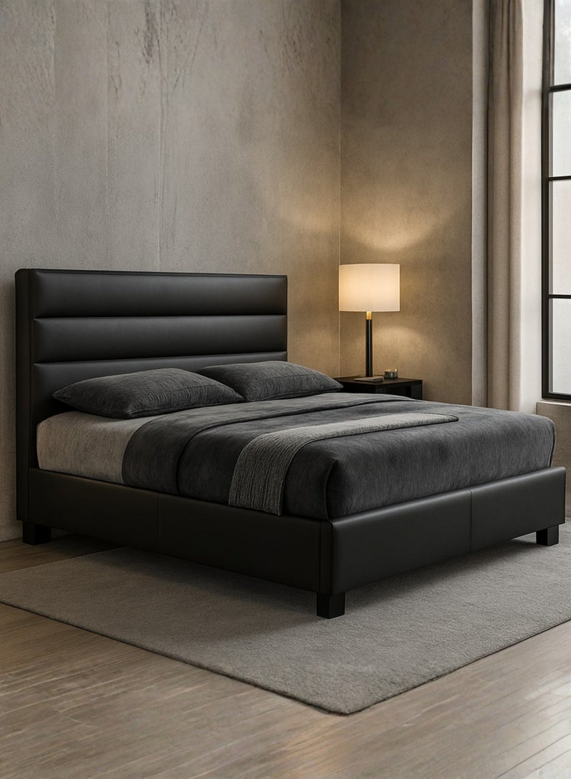 كستم ديكو إطار سرير أوستن الحديث من كوستوم ديكو، مُنجّد بجلد صناعي، مع لوح رأسي أفقي مبطن | سرير بتصميم قابل للتخصيص، بشرائح خشبية متينة، فاخر، مقاس كوين ١٦٠×٢٠٠ سم (أسود) - Image 3