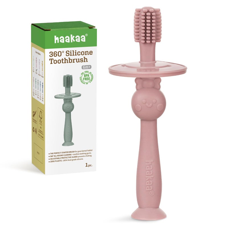 haakaa 360Â° Baby Toothbrush with Suction Base - Gentle Cleaning for Infant Self-Brushing Training, Food-Grade Silicone, Adjustable Safety Shield - Blush (1 Piece) - Image 1