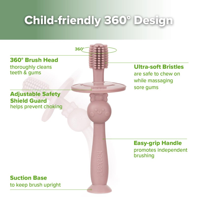 haakaa 360Â° Baby Toothbrush with Suction Base - Gentle Cleaning for Infant Self-Brushing Training, Food-Grade Silicone, Adjustable Safety Shield - Blush (1 Piece) - Image 5