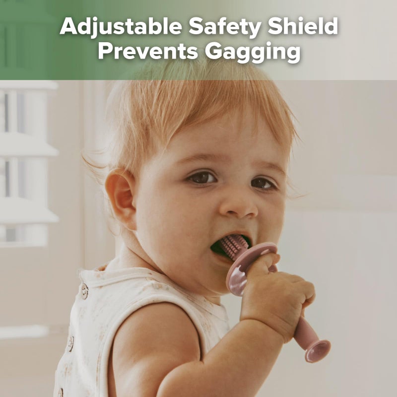 haakaa 360Â° Baby Toothbrush with Suction Base - Gentle Cleaning for Infant Self-Brushing Training, Food-Grade Silicone, Adjustable Safety Shield - Blush (1 Piece) - Image 3