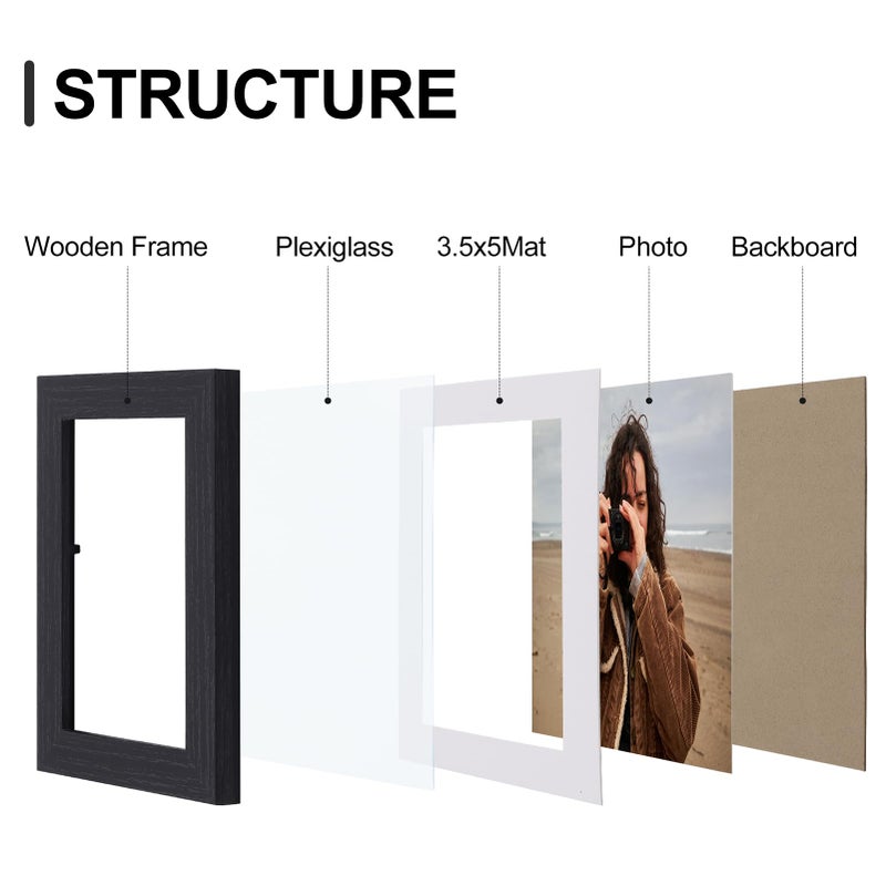 Vittanly 4x6 Picture Frames Set of 9, Shatter Resistant Plexiglass, Display 3.5x5 Pictures with Mat or 4x6 without Mat, Photo Frames for Wall or Tabletop, Engineered Wood, Black - Image 3