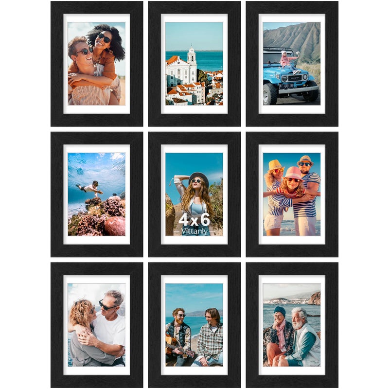 Vittanly 4x6 Picture Frames Set of 9, Shatter Resistant Plexiglass, Display 3.5x5 Pictures with Mat or 4x6 without Mat, Photo Frames for Wall or Tabletop, Engineered Wood, Black - Image 1