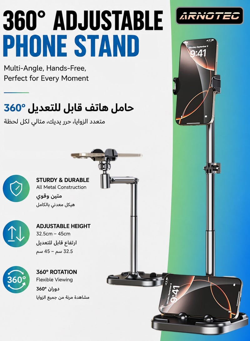 ARNOTEC حامل هاتف قابل للتعديل للمكتب، ارتفاع 24–36 سم، حامل هاتف محمول دوار 360° مع قاعدة معدنية مثقلة، حامل تصوير علوي مستقر للبث المباشر، التسجيل ومكالمات الفيديو - Image 1