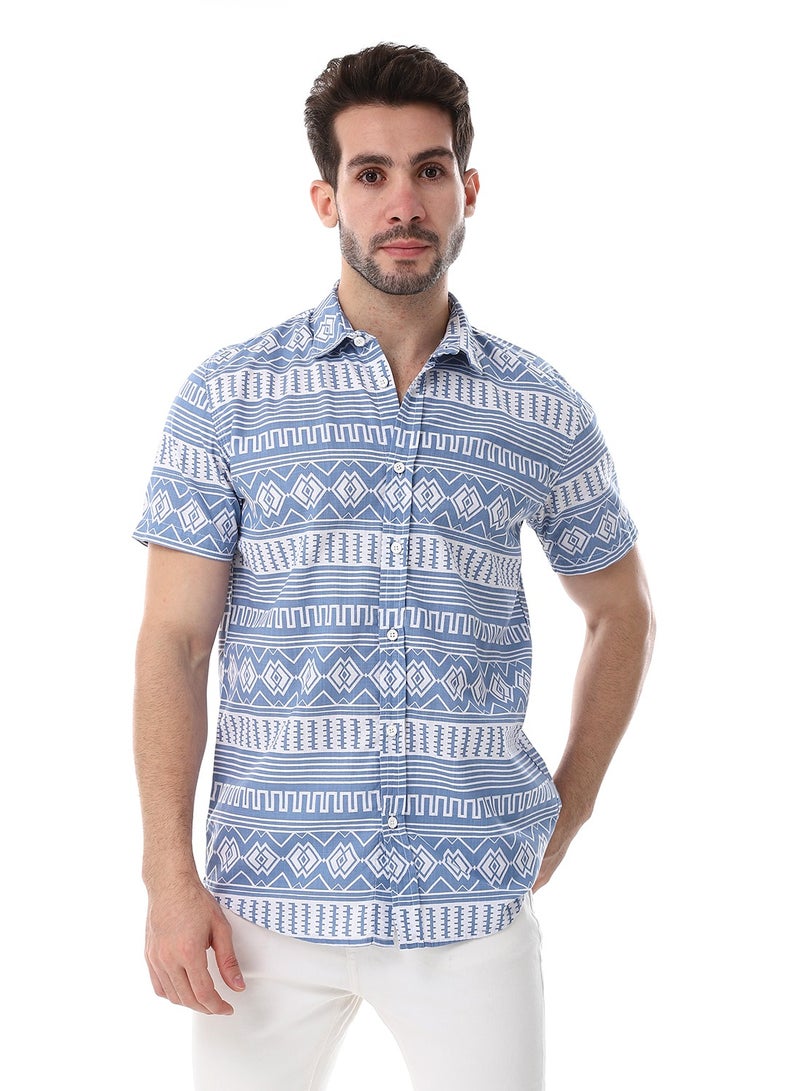 WHITE RABBIT Short Sleeves Turn Down Collar Shirt - Cornflower Blue & White  - Image 1