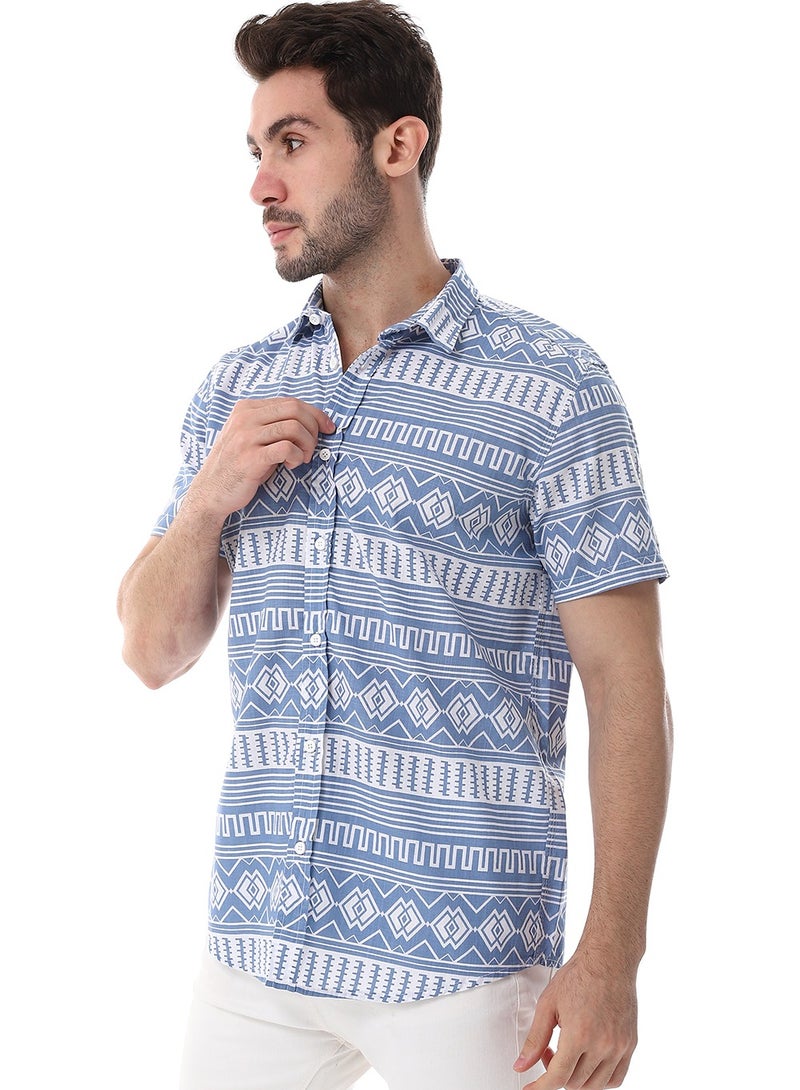 WHITE RABBIT Short Sleeves Turn Down Collar Shirt - Cornflower Blue & White  - Image 2