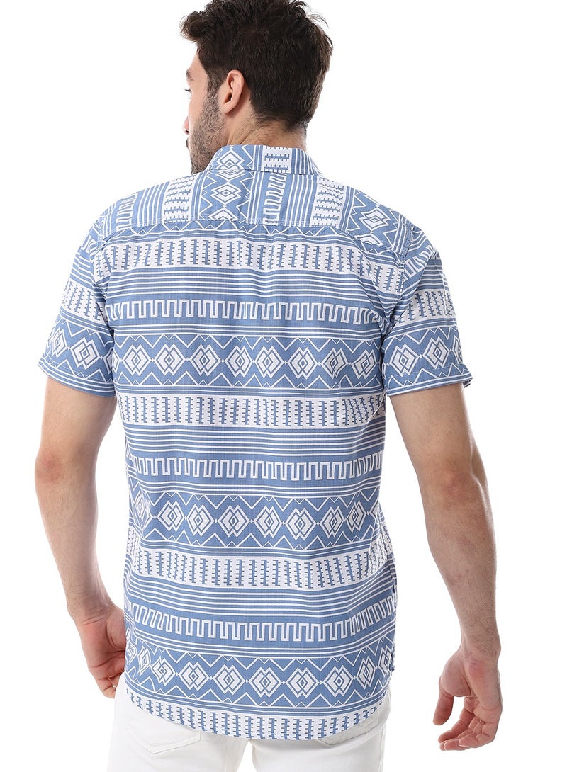 WHITE RABBIT Short Sleeves Turn Down Collar Shirt - Cornflower Blue & White  - Image 3