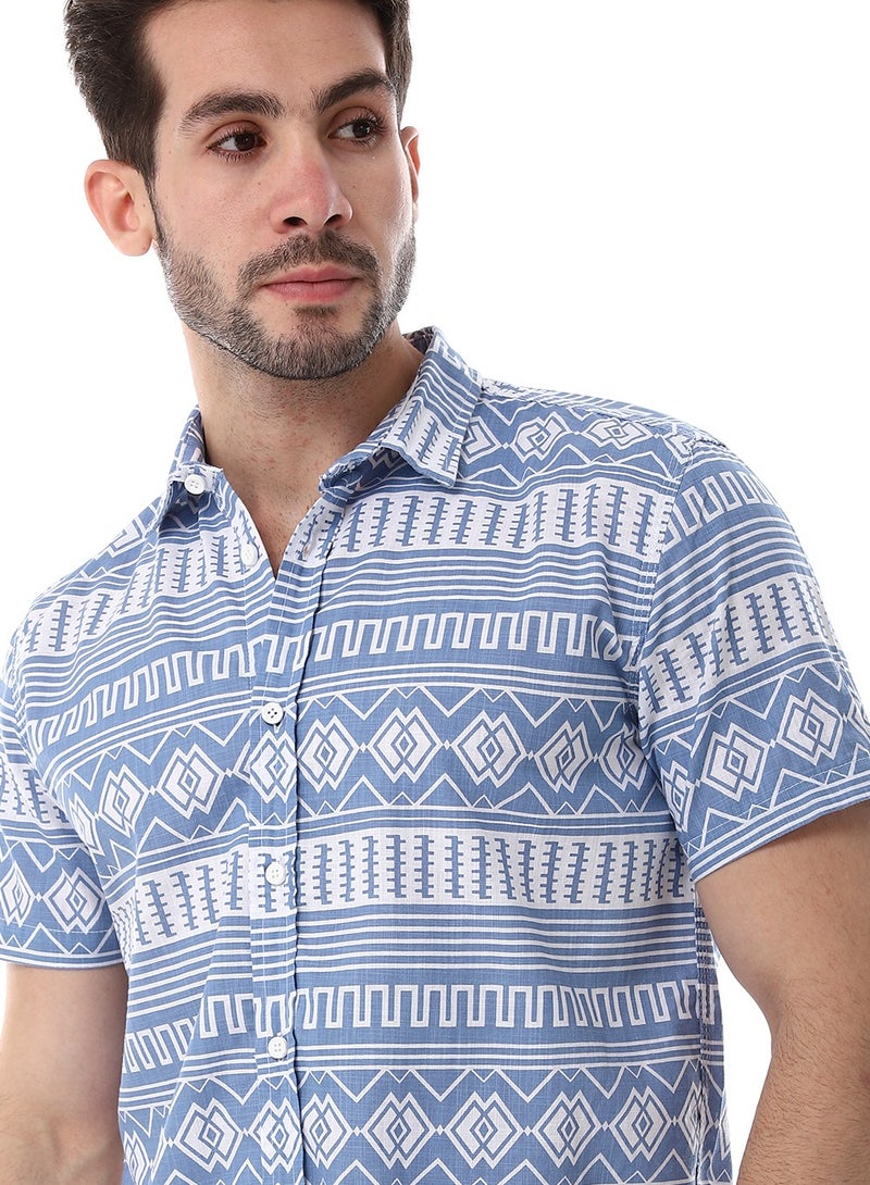 WHITE RABBIT Short Sleeves Turn Down Collar Shirt - Cornflower Blue & White  - Image 4