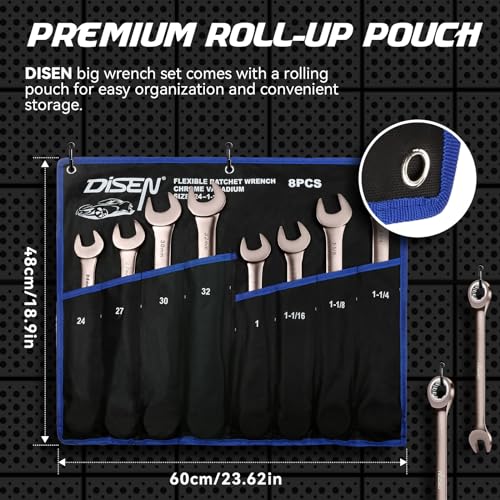 DISEN 8pcs Large Ratcheting Wrench Set | Metric and SAE Combination Wrench Set |Nickel Plating with Rolling Pouch | 24,27,30,32mm & 1'',1-1/16'',1-1/8'',1-1/4''| CR-V Steel Gift for Father - Image 4