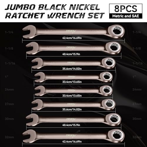 DISEN 8pcs Large Ratcheting Wrench Set | Metric and SAE Combination Wrench Set |Nickel Plating with Rolling Pouch | 24,27,30,32mm & 1'',1-1/16'',1-1/8'',1-1/4''| CR-V Steel Gift for Father - Image 3