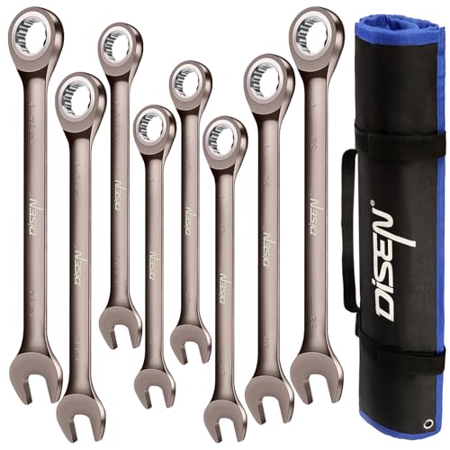 DISEN 8pcs Large Ratcheting Wrench Set | Metric and SAE Combination Wrench Set |Nickel Plating with Rolling Pouch | 24,27,30,32mm & 1'',1-1/16'',1-1/8'',1-1/4''| CR-V Steel Gift for Father - Image 1