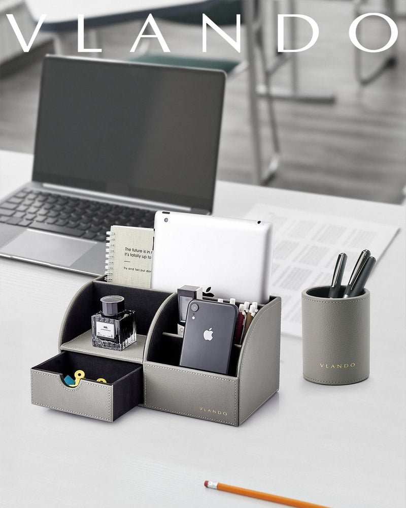 Vlando Office Supplies Desk Organizer Caddy, Desktop Hanging File Letter Document Storage Holder with Drawer Organizer Section for Office Home (Set of Grey) - Image 5