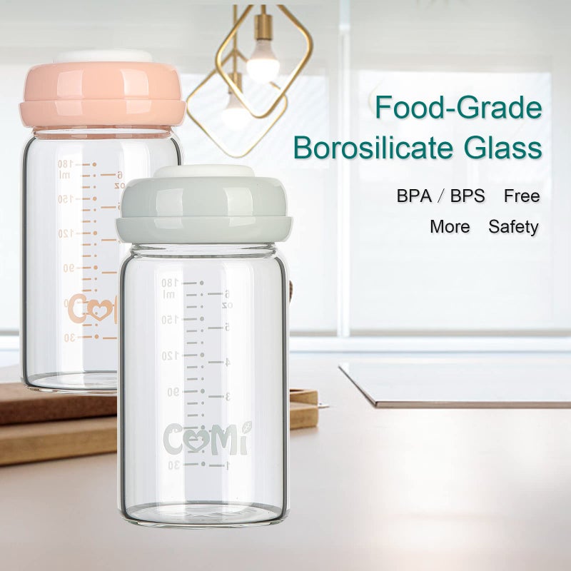 COMI Wide Neck Glass Breastmilk Collection n Storage Bottle, 4 Packs, 6oz with Screw Ring Sealing Disk; Re-markable Sealing Disc. BPA Free, Fits Breast Pumps & Nipples (2 Gray Lids + 2 Pink Lids) - Image 4