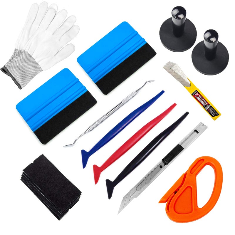Complete Vinyl Wrap Application Tools Kit Auto Window Tint Film Tool Kit Include Felt Squeegee Fabric Felts Micro Squeegee Vinyl Magnet Holders Working Gloves Vinyl Knife Utility Knife Blades