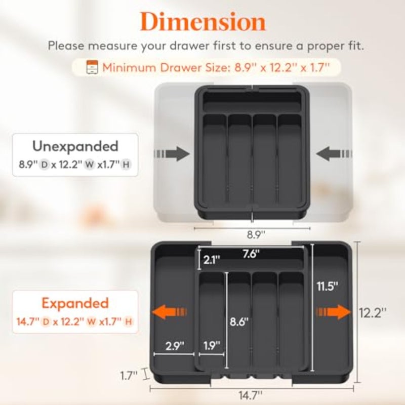 Silverware Drawer Organizer, Expandable Utensil Tray for Kitchen, BPA Free Flatware and Cutlery Holder, Adjustable Plastic Storage for Spoons Forks Knives, 8.9-14.7 x 12.2 - Image 3