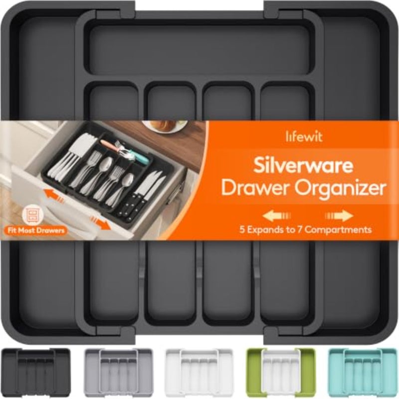 Silverware Drawer Organizer, Expandable Utensil Tray for Kitchen, BPA Free Flatware and Cutlery Holder, Adjustable Plastic Storage for Spoons Forks Knives, 8.9-14.7 x 12.2 - Image 1