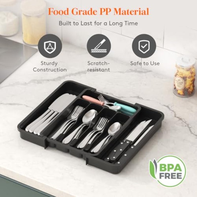 Silverware Drawer Organizer, Expandable Utensil Tray for Kitchen, BPA Free Flatware and Cutlery Holder, Adjustable Plastic Storage for Spoons Forks Knives, 8.9-14.7 x 12.2 - Image 4