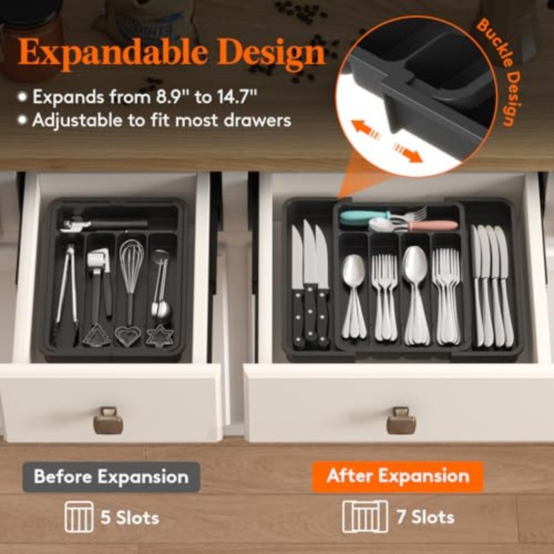 Silverware Drawer Organizer, Expandable Utensil Tray for Kitchen, BPA Free Flatware and Cutlery Holder, Adjustable Plastic Storage for Spoons Forks Knives, 8.9-14.7 x 12.2 - Image 2