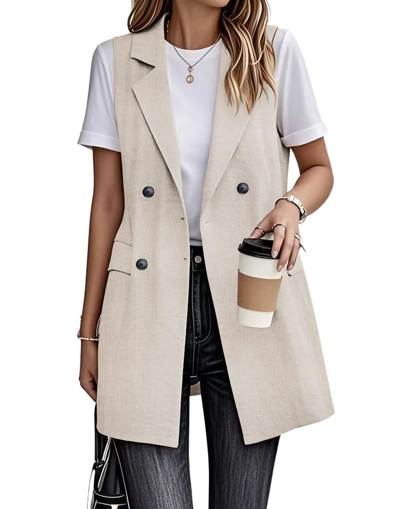 IDEALSANXUN Long Vest for Women Sleeveless Linen Blazer Suit Jackets 2026 Spring Summer Lightweight Trench Coat Outerwear Waistcoat, Beige, M