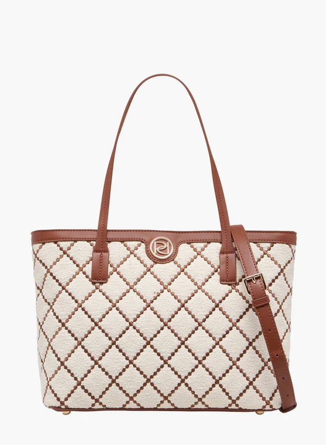 Embroidered Tote Bag with Detachable Strap and Zip Closure
