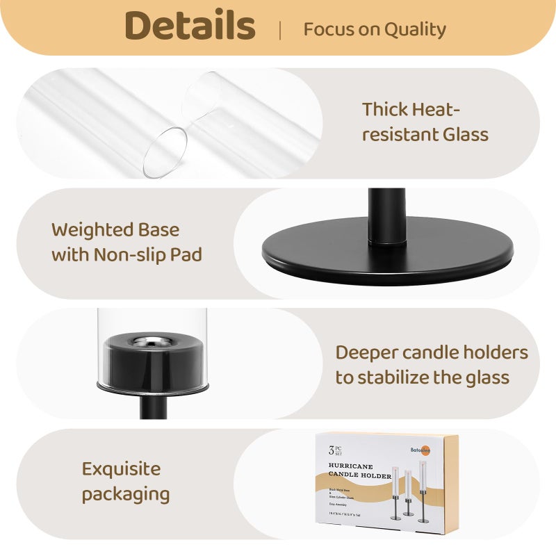Batoslee Black Hurricane Candle Holders Set of 6, Tall Metal & Windproof Glass Taper Candle Holders, Outdoor/Indoor Table Centerpieces for Weddings, Christmas, Parties, Fireplace Decor - Image 3