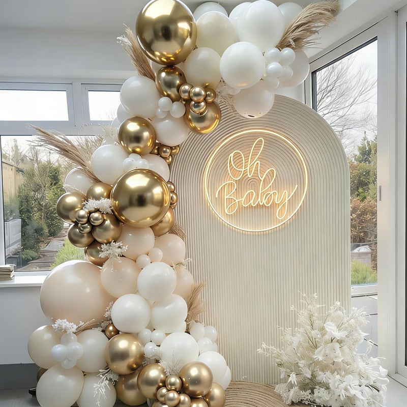 PUFFLD Sand White Gold Balloon Arch Kit - 144 pcs Sand White, Beige & Champagne Gold Balloons for Birthday Baby Shower Wedding Bridal Shower Engagement Party Decor - Image 1