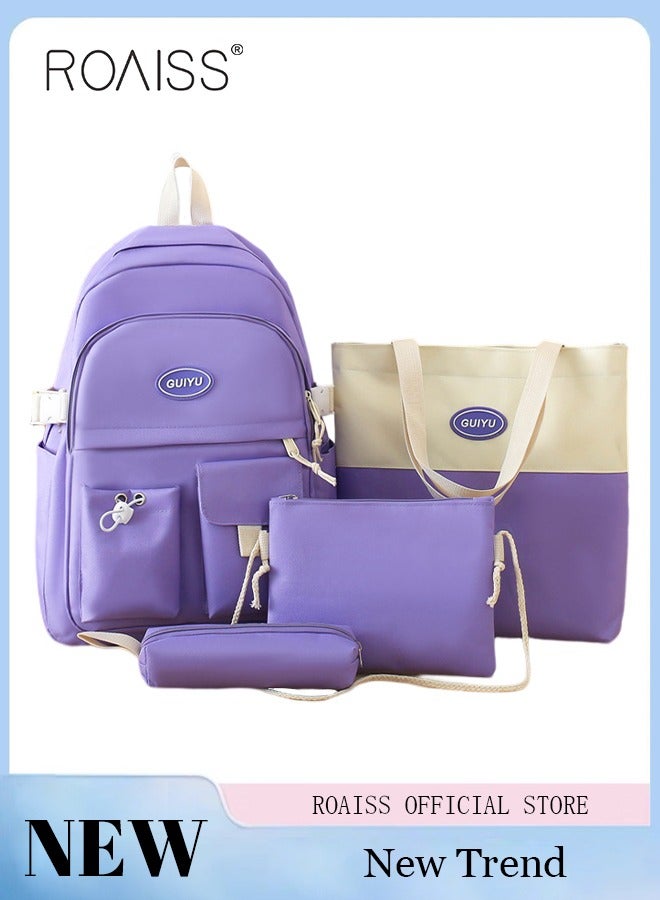 roaiss 4 Pcs Letter Graphic Colorblock Backpack Set Sweet Large Capacity School Bag Bookbag Shoulder Totes Pencil Case for Kids Girls Middle School Students Purple/White  - Image 1