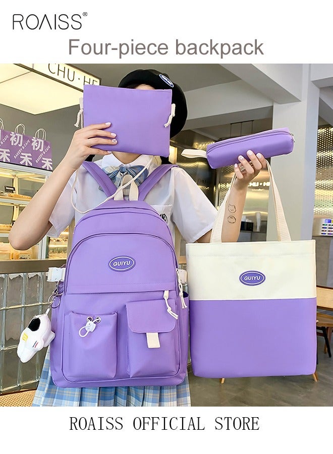 roaiss 4 Pcs Letter Graphic Colorblock Backpack Set Sweet Large Capacity School Bag Bookbag Shoulder Totes Pencil Case for Kids Girls Middle School Students Purple/White  - Image 2