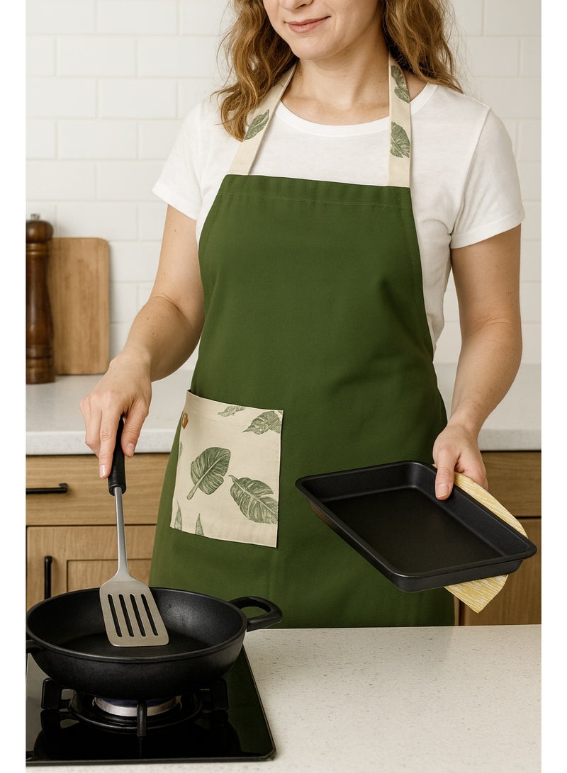Kitchen Apron with Pocket Adjustable Cooking and Baking Apron with Leaf Pattern Straps, Durable Fabric, and Front Storage Pocket for Men and Women Green - Image 3