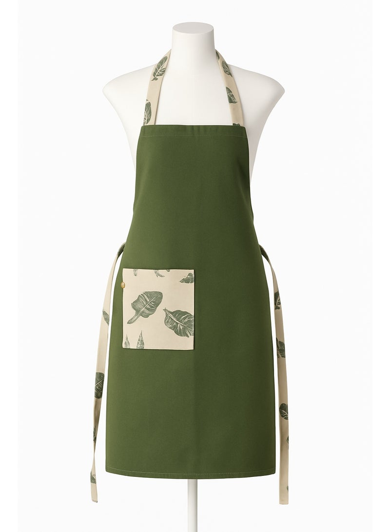 Kitchen Apron with Pocket Adjustable Cooking and Baking Apron with Leaf Pattern Straps, Durable Fabric, and Front Storage Pocket for Men and Women Green - Image 1