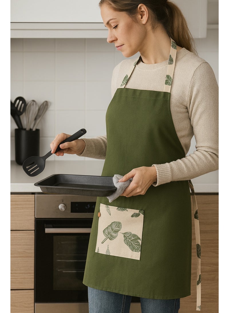 Kitchen Apron with Pocket Adjustable Cooking and Baking Apron with Leaf Pattern Straps, Durable Fabric, and Front Storage Pocket for Men and Women Green - Image 2