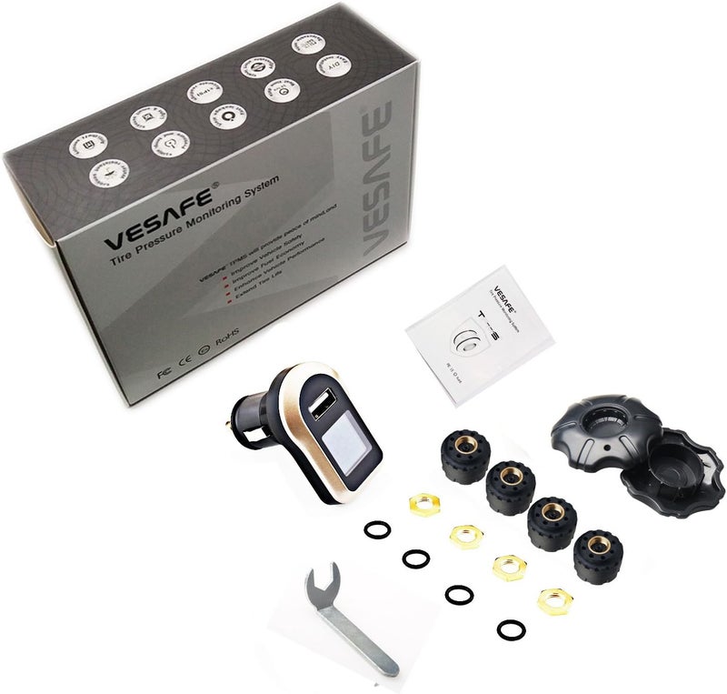 VESAFE Wireless Tire Pressure Monitoring System, Universal TPMS with Real-Time LCD Display, 5 Alarm Modes, 4 Advanced Waterproof Sensors, 2-Year Battery Life, Cigarette Lighter Plug, 0-6Bar/ 0-87PSI - Image 4