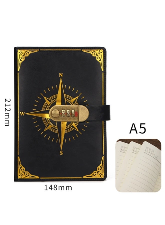 FAYET A5 Lockable Diary, 200-Page PU Leather Journal with Secret Combination Lock, Refillable Writing Notebook, Travel Organizer & Personal Code Lock (Black) - Image 3