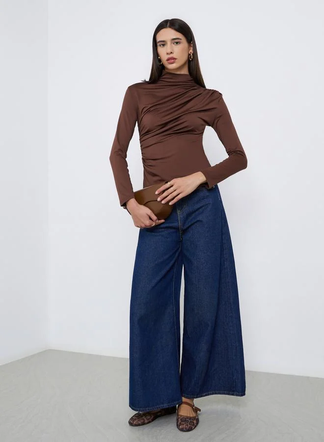 Take Two Take Two Brown High Neck Ruching Detail Long Sleeve Top
