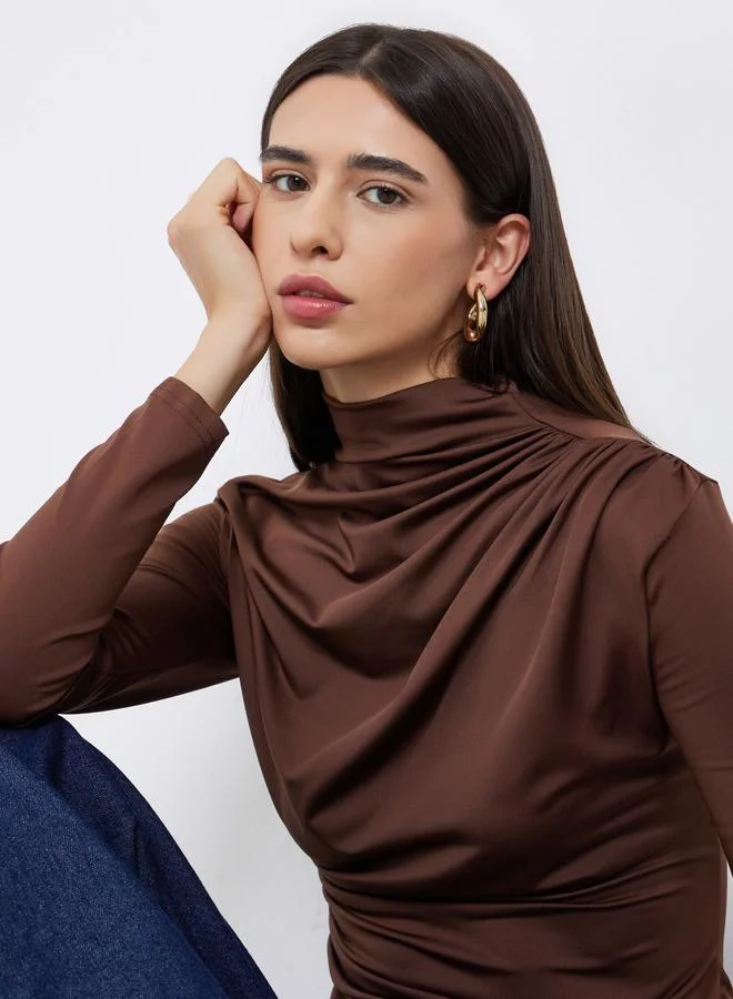 Take Two Take Two Brown High Neck Ruching Detail Long Sleeve Top