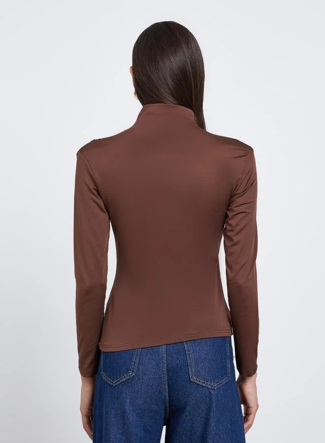 Take Two Take Two Brown High Neck Ruching Detail Long Sleeve Top