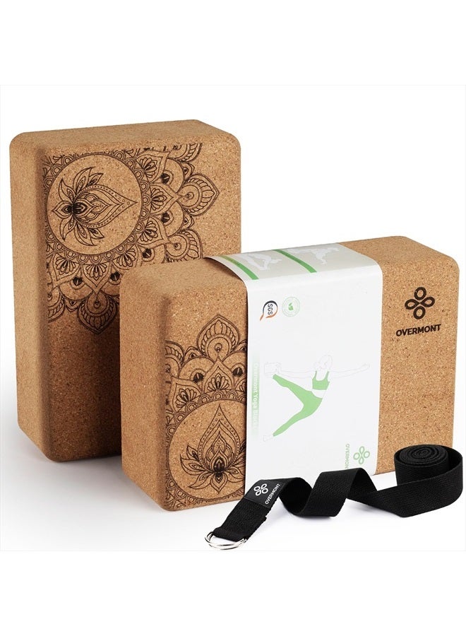 Overmont Cork Yoga Blocks 2 pack with 8ft Strap Set Natural Cork Yoga Bricks- High Density & Eco Friendly Yoga Accessories for Women - Ideal for Yoga Pilates General Fitness and Stretching 9x6x3'' - Image 1