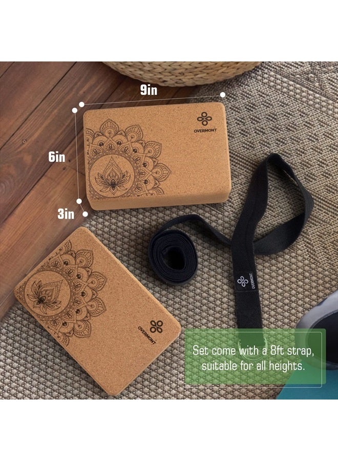 Overmont Cork Yoga Blocks 2 pack with 8ft Strap Set Natural Cork Yoga Bricks- High Density & Eco Friendly Yoga Accessories for Women - Ideal for Yoga Pilates General Fitness and Stretching 9x6x3'' - Image 3