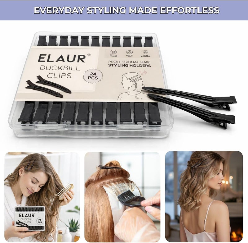 ELAUR 24 Pack Duck Bill Hair Clips - 3.5" Rust Proof Metal Alligator Clips with Holes for Hair Styling & Sectioning - Salon & Home (Black) - Image 3