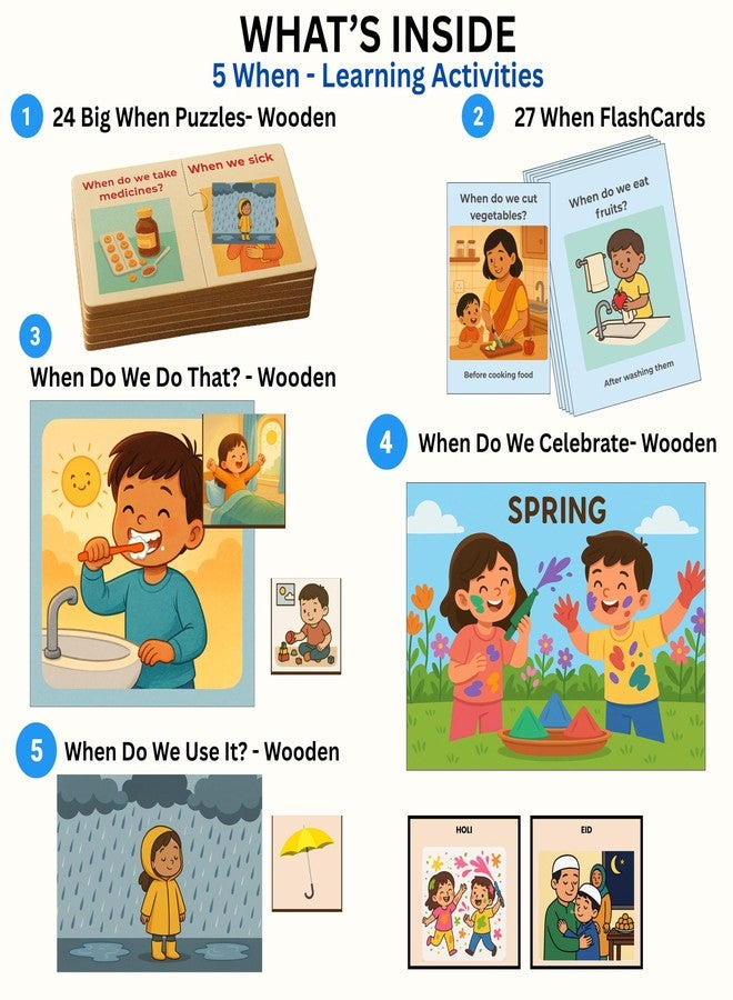 Exploralearn WH Series - When Kit | 5-in-1 Activity Box with Wooden Puzzles, Flashcards & Festivals Game | Autism & Speech Friendly | for Ages 4+ | Daily Routines & Time Awareness - Image 2