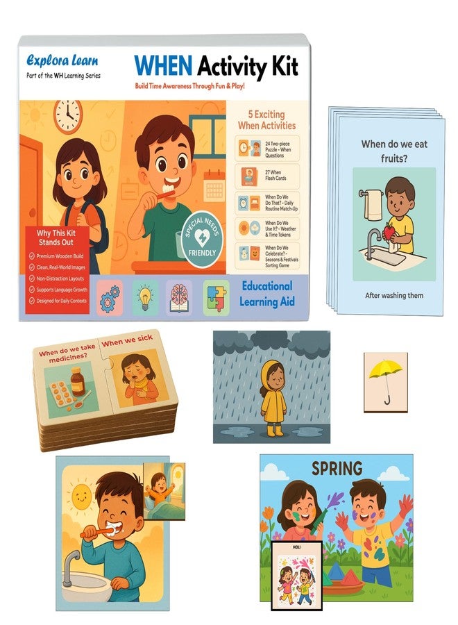 Exploralearn WH Series - When Kit | 5-in-1 Activity Box with Wooden Puzzles, Flashcards & Festivals Game | Autism & Speech Friendly | for Ages 4+ | Daily Routines & Time Awareness - Image 1