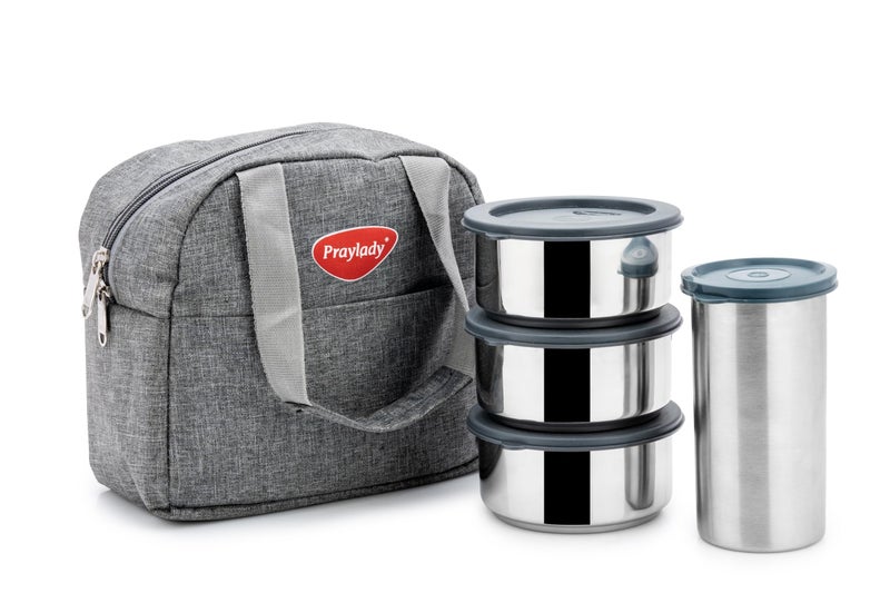 Praylady Trio+ Lunch Box with 500ml Tumbler | 3 x 300ml Stainless Steel Hot & Cold Containers | Silicone Leak-Proof Lids | Heat-Insulated Carry Bag for Office, School & Travel - Image 1