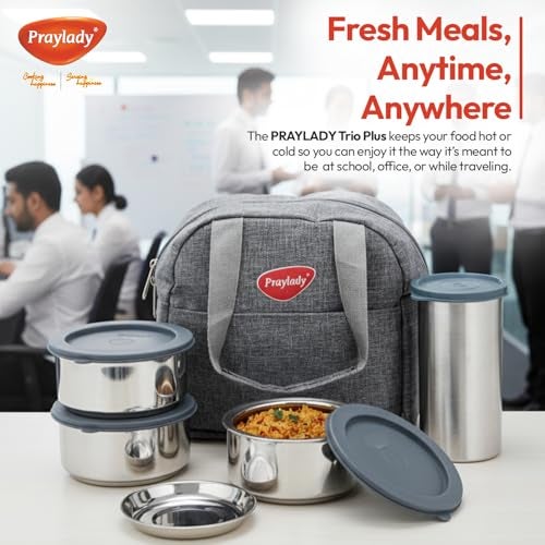 Praylady Trio+ Lunch Box with 500ml Tumbler | 3 x 300ml Stainless Steel Hot & Cold Containers | Silicone Leak-Proof Lids | Heat-Insulated Carry Bag for Office, School & Travel - Image 4