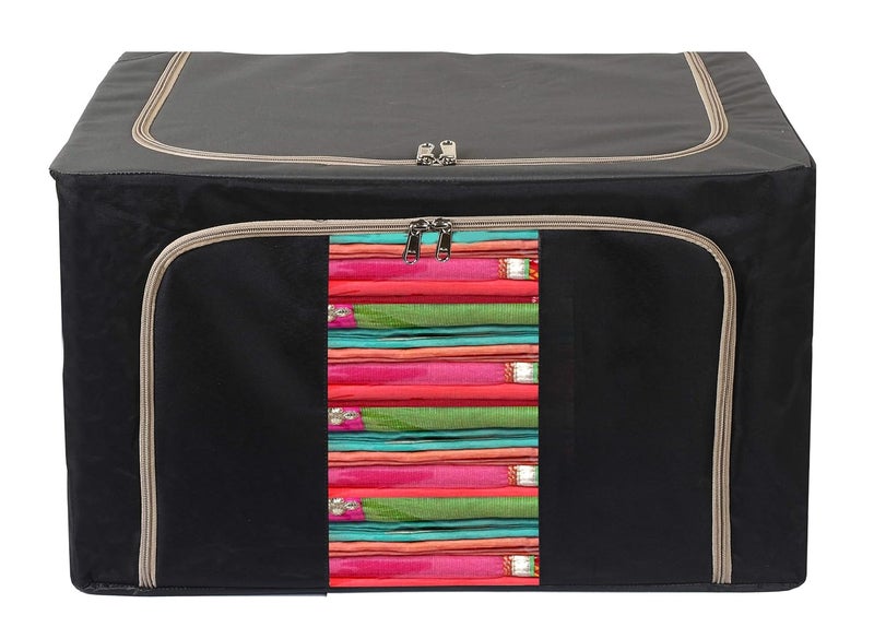 Kuber Industries Kuber Industries Steel Frame Living Box Closet OrganizerCloth Storage Boxes for Wardrobe With Clear Window 24Ltr Black Grey44KM0290 Fabric  - Image 2