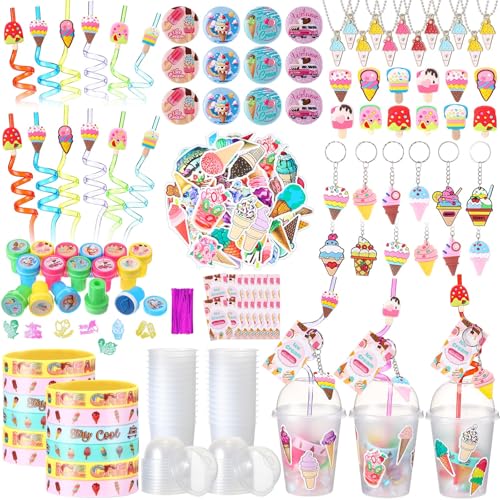 Chivertion 195 Pcs Ice Cream Birthday Party Favors Bulk for 16 Kids Include Keychain Necklace Silicone Bracelet Ring Badge Stamp Sticker Tags Twist Tie Cup Lid Straw for Kids Birthday Party Rewards - Image 1