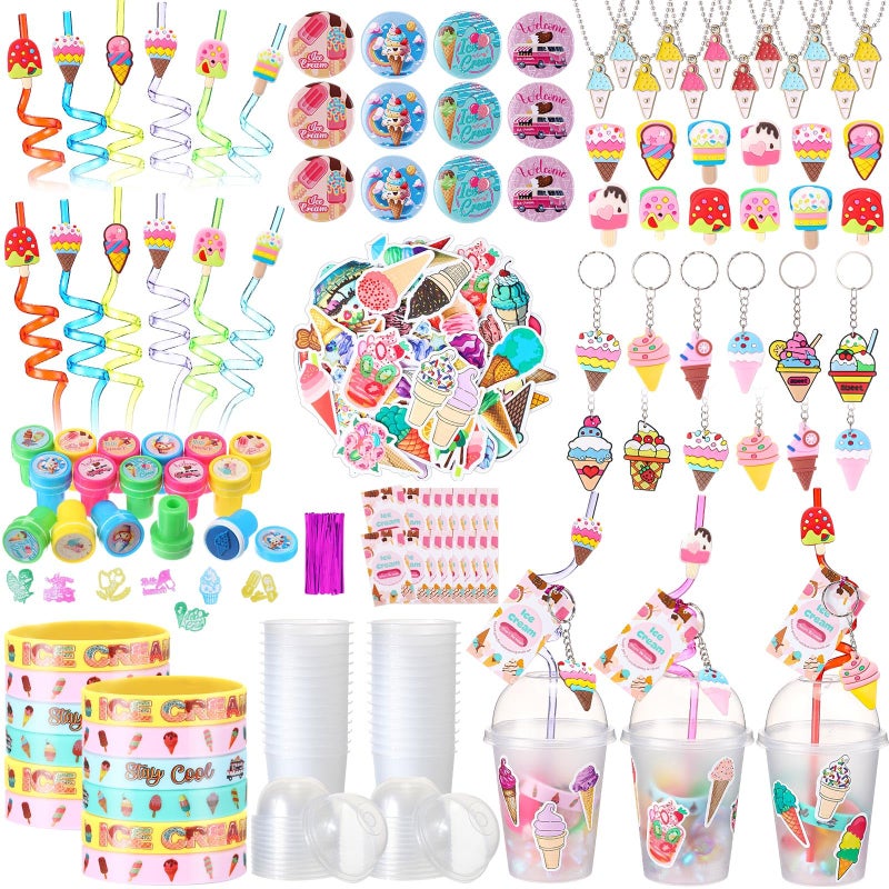 Chivertion 195 Pcs Ice Cream Birthday Party Favors Bulk for 16 Kids Include Keychain Necklace Silicone Bracelet Ring Badge Stamp Sticker Tags Twist Tie Cup Lid Straw for Kids Birthday Party Rewards - Image 2