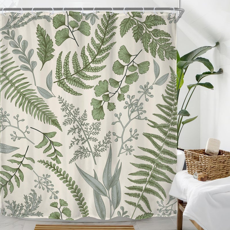 Riyidecor Fern Leaf Leaves Sage Green Shower Curtain for Bathroom Decor 60Wx72H Rural Eucalyptus Plant Natural Farmhouse Floral Botanical Art Printed Fabric Polyester Waterproof 12 Pack Plastic Hooks