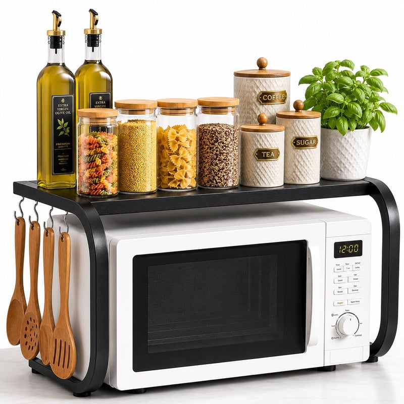 2-Tier Metal Microwave Oven Stand – Top and Bottom Microwave Organizer Rack, Space Saving, Multipurpose Storage Stand for Oils, Jars, Tools, Sturdy and Durable for Kitchen Organized – Black - Image 1