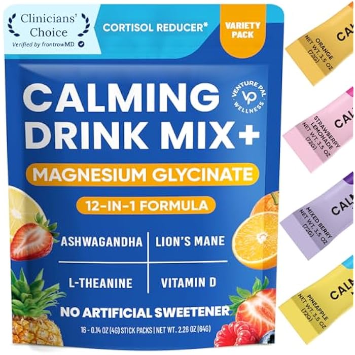 Venture Pal Calm Drink Mix, 12-in-1 Cortisol Reducer and Sleep Aid with Magnesium Glycinate, Ashwagandha, L-Theanine,Vitamin D, Calm Magnesium Powder for Relax & Focus, No Sugar, Non GMO - Image 1