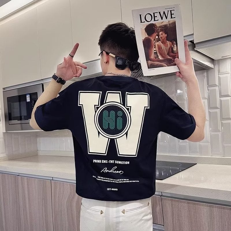 Summer Trendy Brand Fashion Letter Printing Slim-Fit Men'S Short-Sleeved Top T-Shirt Trendy Men'S All-Match Casual Round Neck Half-Sleeved T-Shirt - Image 3